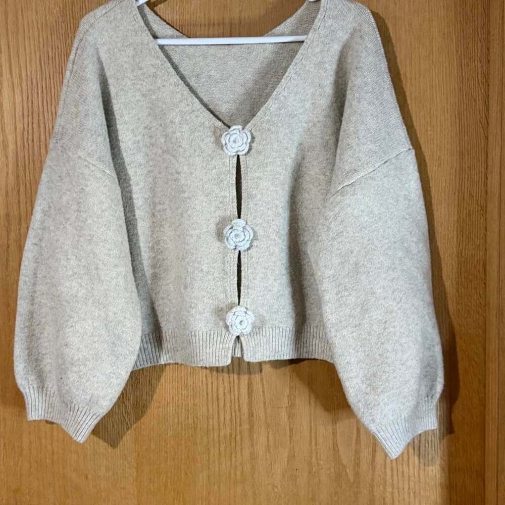 Gray Cropped Knit Cardigan with White Rose Buttons